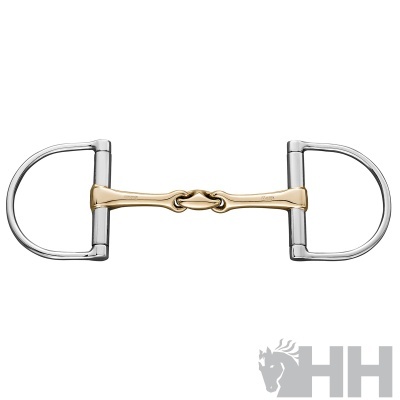 Freio de cavalo metal prateado e dourado com barra articulada