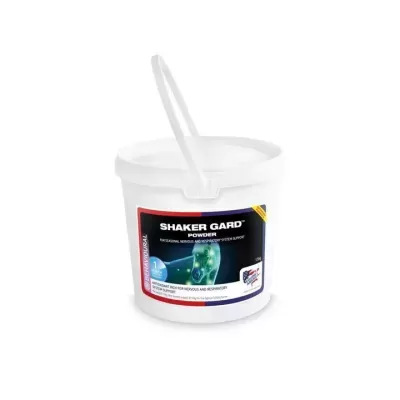 Recipiente de plástico branco com pó SHAKER GARD e rótulo colorido com imagem de cavalo