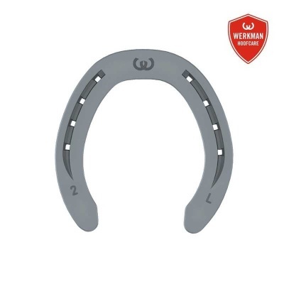 Ferradura cinzenta para cavalo com orifícios e logótipo WERKMAN HOOFCARE