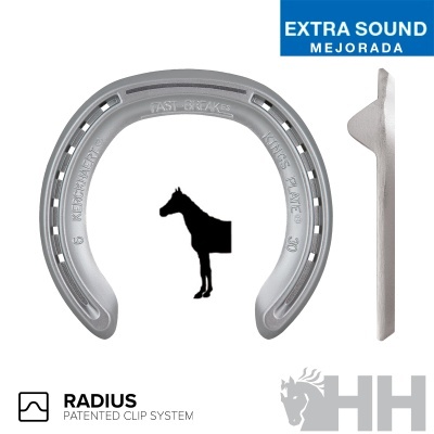 Ferradura metálica prateada com texto e selo extra sound mejorada