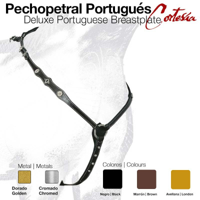 Peitoral em couro preto com decoração metálica dourada e cromada e fivelas ajustáveis