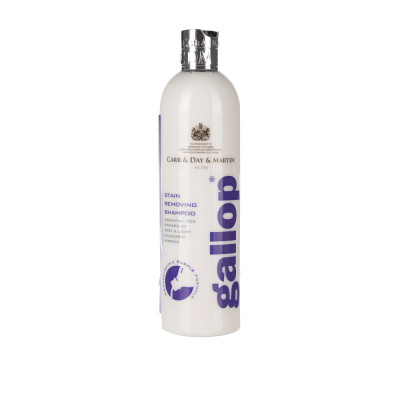 Frasco branco de shampoo Gallop com texto azul e preto