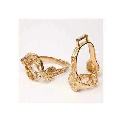 Anel dourado ornamentado com detalhes gravados em fundo branco