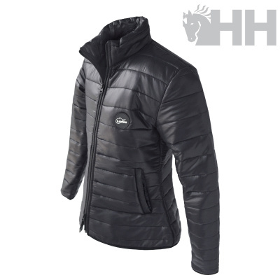 Casaco acolchoado preto masculino com fecho e bolsos laterais.