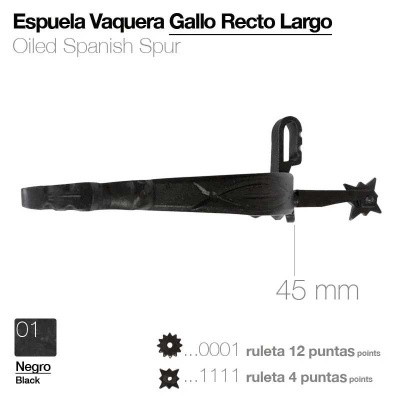 Espora vaqueira Gallo Recto Largo preta com ruletas de 12 e 4 pontas