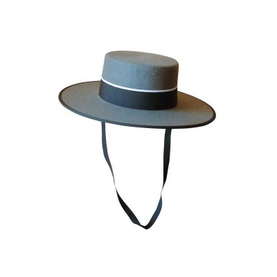 Chapéu cinzento aba larga com faixa preta e fita pendente