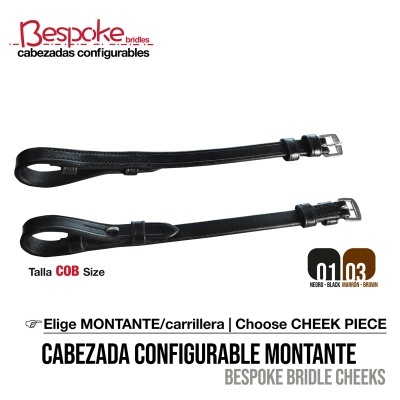 Cabeçadas configuráveis para cavalo em couro preto com fivelas metálicas, sobre fundo branco e texto informativo.