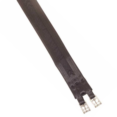 Estribos de couro preto com fivelas metálicas prateadas