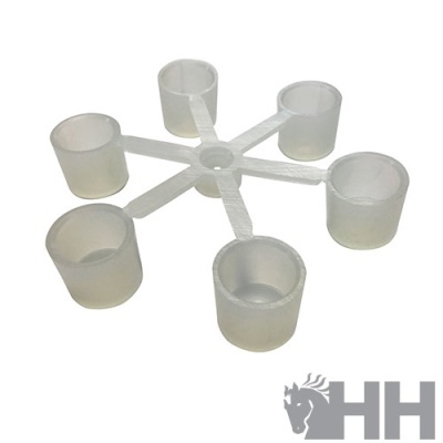 Conjunto de cápsulas brancas translúcidas conectadas em círculo com logótipo HH.