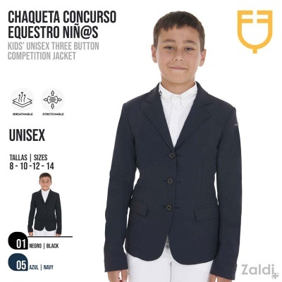 Casaco de competição equestre unissexo para crianças azul marinho com três botões usado por criança em fundo branco