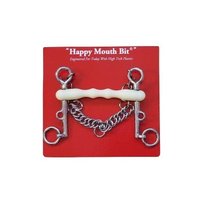 Flecha de bocal para cavalo 'Happy Mouth Bit' com peça branca e metal prateado num cartão vermelho