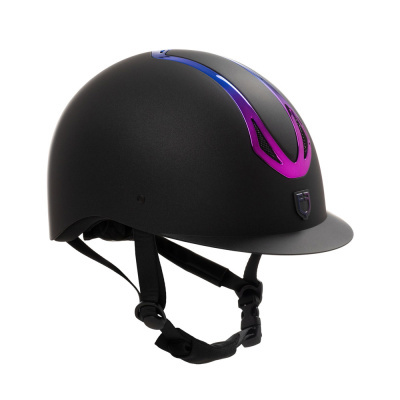 Capacete de equitação preto com detalhes iridescentes azul e roxo