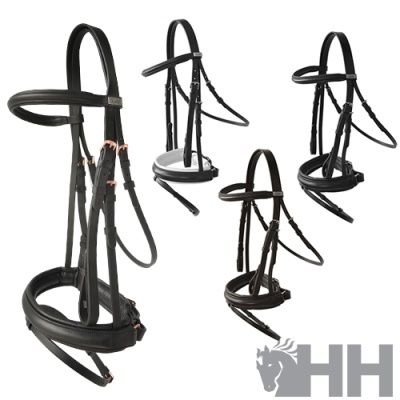 Quatro cabrestos de couro para cavalo em diferentes cores com logótipo HH