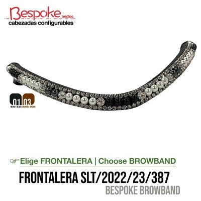 Banda frontal preta com pérolas e cristais para cabresto, texto e códigos visíveis