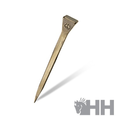 Prego metálico dourado com cabeça quadrada e logótipo HH cinzento