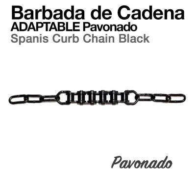 Barbada de cadeia adaptável preta pavonada exibida em fundo branco com texto descritivo