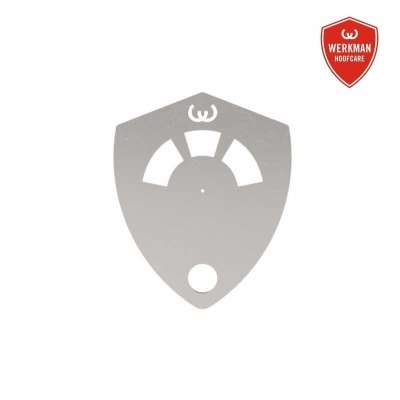 Placa metálica prateada em forma de escudo com recortes e logótipo Werkman Hoofcare no canto superior direito