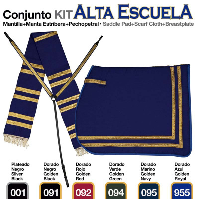 Conjunto de mantilha, manta estribera e pechopetral azul marinho com faixas douradas