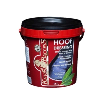 Recipiente vermelho de 1 litro com tampa preta e rótulo de 'Kevin Bacon's Hoof Dressing' para cascos de cavalo