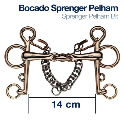 Bocado Sprenger Pelham metálico com cadeia e argolas, 14 cm