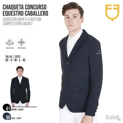 Modelo a usar jaqueta de concurso equestre masculina preta com quatro botões, camisa branca e calças brancas