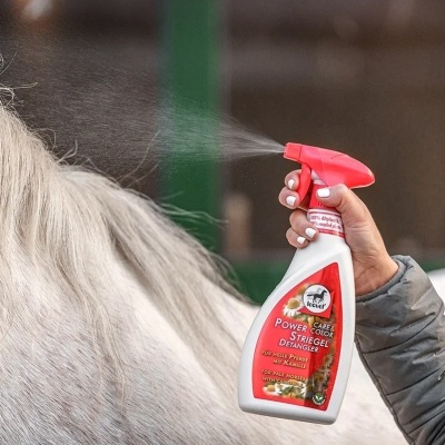 Frasco pulverizador vermelho e branco a pulverizar o pelo branco de um cavalo