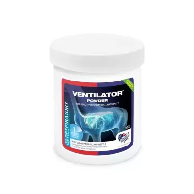 Recipiente branco de pó Ventilator Powder com ilustração anatómica em azul