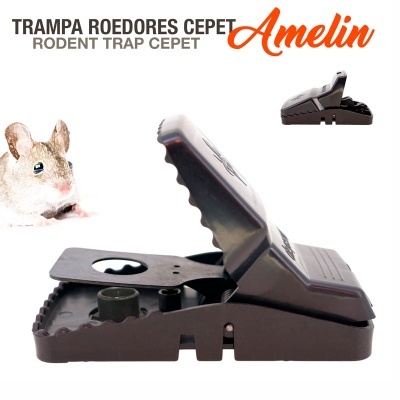 Armadilha para roedores preta de plástico com texto e rato ao lado