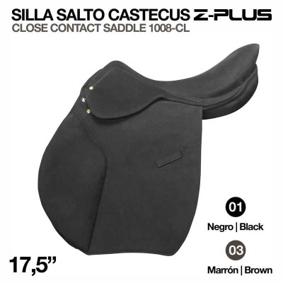 Sela de salto preta CASTECUS Z-PLUS 17,5 polegadas com texto descritivo e opções de cores.