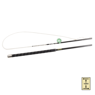 Canne de pesca preta com corda branca e selo verde sobre fundo branco