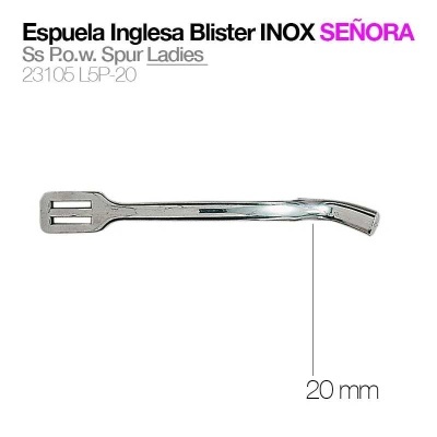 Espuela inglesa inox com paleta larga 20 mm, texto em embalagem.