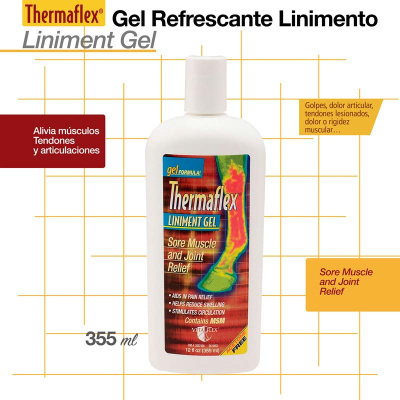 Frasco branco 355 ml de gel refrescante Thermaflex Liniment Gel com rótulo colorido e imagem térmica de uma perna