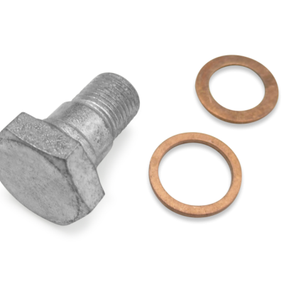 Parafuso hexagonal prateado com duas arruelas de cobre