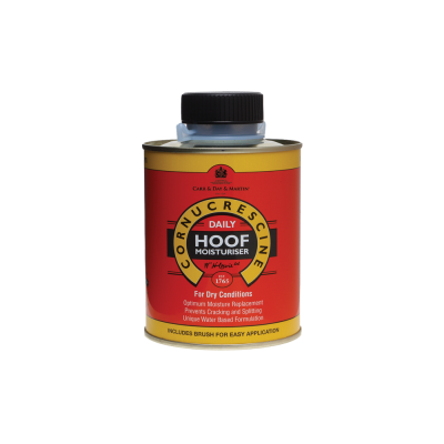 Embalagem metálica vermelha e amarela com tampa preta de hidratante para cascos com pincel incluso