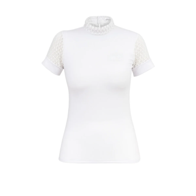 T-shirt branca feminina com gola alta e mangas de renda
