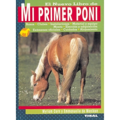 Livro 'Mi Primer Poni' com imagem de pônei castanho claro a pastar na relva