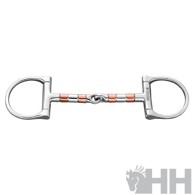 Freio metálico prateado com detalhes em cobre e argolas em cada extremidade