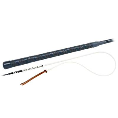 Bastão preto com padrões e corda branca com tira de couro castanha