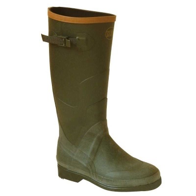 Bota de borracha verde escura com alça castanha em fundo branco