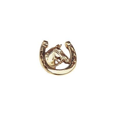 Pin dourado em forma de ferradura com cabeça de cavalo