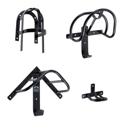 Quatro suportes pretos para bicicletas de metal com diferentes designs para fixação na parede