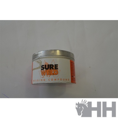Frasco pequeno de composto para soldagem Sure Weld com rótulo branco, laranja e preto