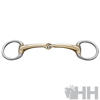 Freio de cavalo metálico com argolas prateadas e peça central dourada