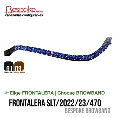 Faixa decorativa azul e preta para cabeça de cavalo com texto promocional