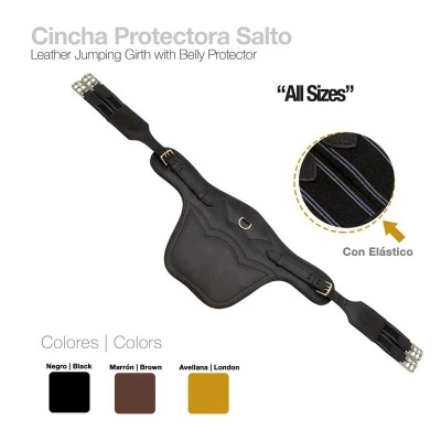 Cincha protectora de salto preta com protetor de barriga e fechos metálicos