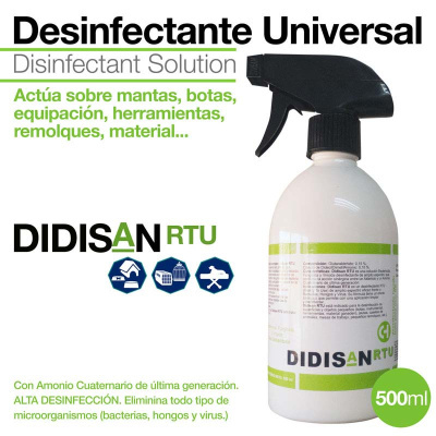 Frasco branco de desinfetante universal spray DIDISAN RTU 500 ml com rótulo verde e preto