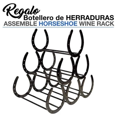 Botellero negro de herraduras para vino con texto