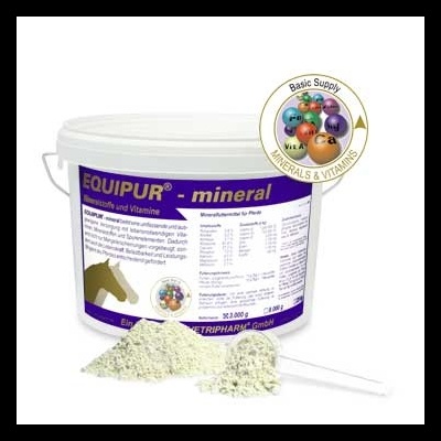 Baldes de suplemento mineral em pó com rótulo roxo e branco, gráfico colorido de minerais, e colher ao lado.