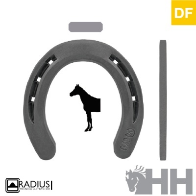 Ferradura cinzenta metálica com símbolos e logo HH