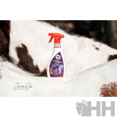 Spray para cascos de cavalo com rótulo roxo sobre cavalo branco com manchas castanhas.